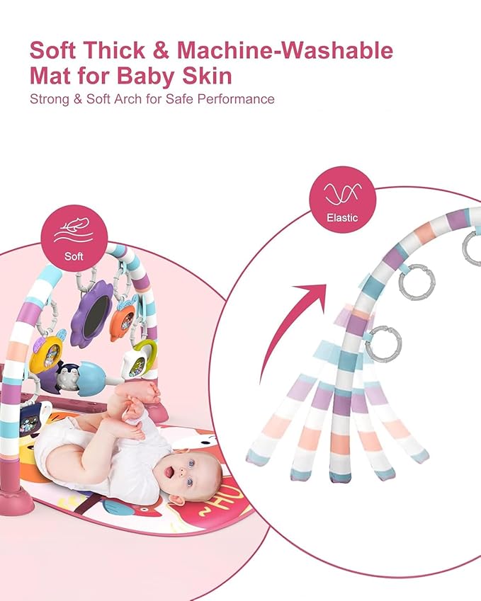 dearlomum Baby Play Mat Gym, Funny Play Piano Tummy Time Activity Mat with 5 Infant Sensory Toys, Music and Lights, Boy & Girl Gifts for Newborns 0 to 3 6 9 12 Months(New Pink)