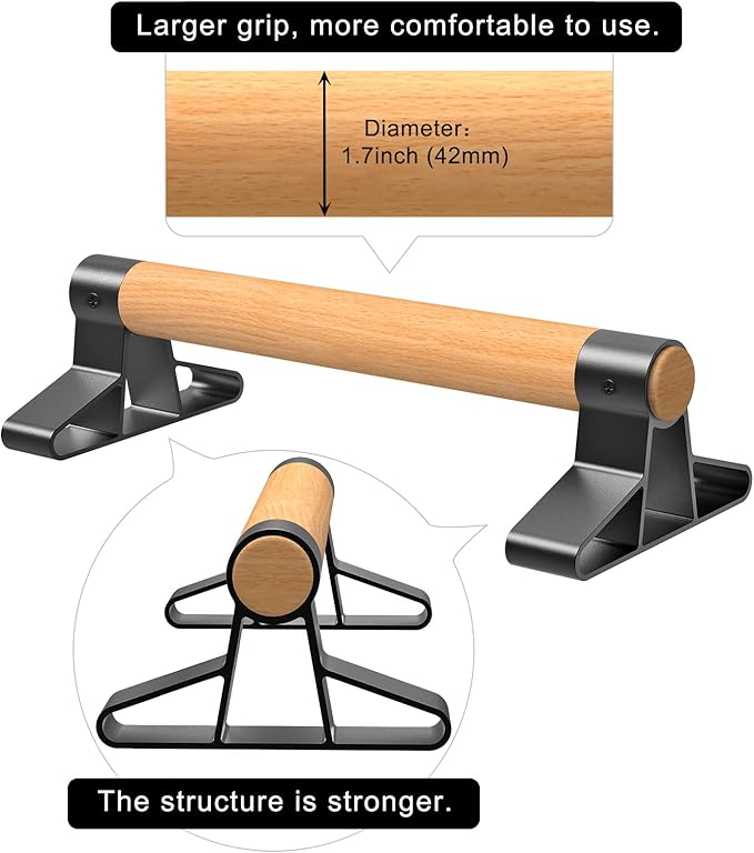 SELEWARE Wood Push Up Bars & Parallettes Bundle - Anti-Slip Handstand Bars for Calisthenics, Fitness, Floor Workouts - Solid Wood with Sturdy Metal Bracket, Supports 600 lbs