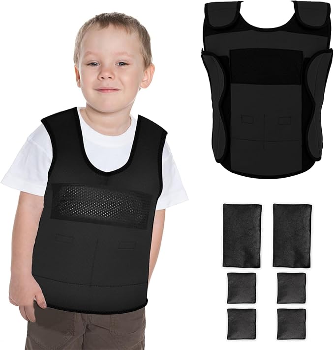 Weighted Vest for Kids (Extra Small, Ages 3 to 4) Compression Vest for Kids, Including 6 Removable Weights Black