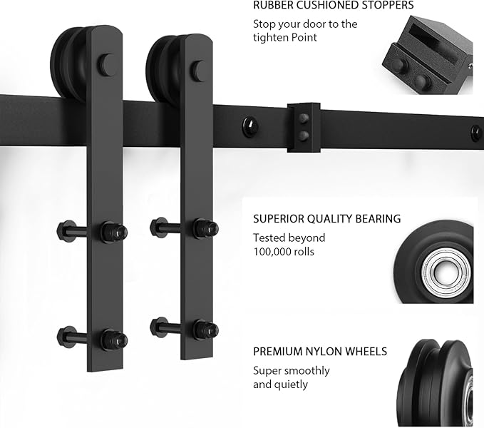 SMARTSTANDARD 8.2 FT Heavy Duty Sturdy Sliding Barn Door Hardware Kit, Black, (Whole Set Includes 1x Pull Handle Set & 1x Floor Guide) Fit 42"-48" Wide Door Panel (I Shape Hanger)