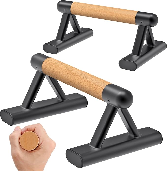 SELEWARE Wood Push Up Bars & Parallettes Bundle - Anti-Slip Handstand Bars for Calisthenics, Fitness, Floor Workouts - Solid Wood with Sturdy Metal Bracket, Supports 600 lbs