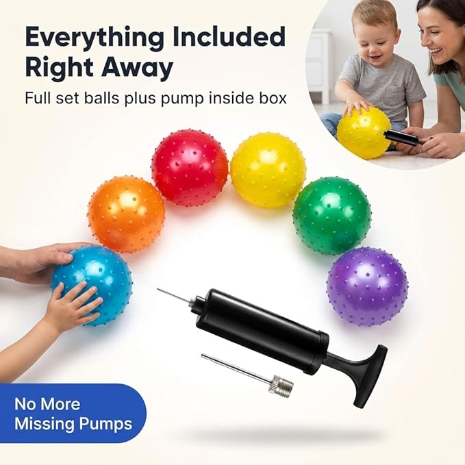 Bedwina Knobby Balls - Bulk 7 Inch Sensory and Spiky Massage Stress Balls for Toddlers, with Pump, Fun & Bouncy for Toddler, Kids Party Favors, Stocking Stuffers