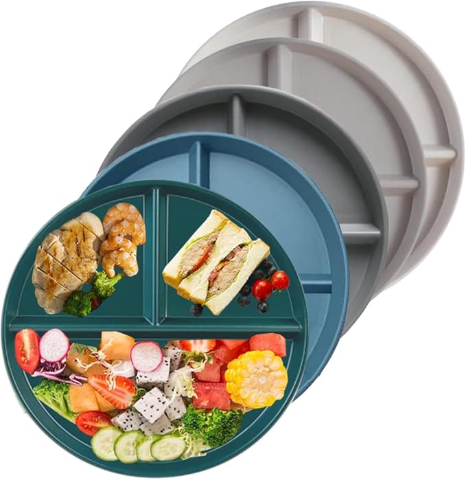 RUIBOLU Unbreakable Divided Plates 5PCS for Kids Adults, Compartment Plate, Lightweight Reusable Dinnerware Portion Control Plastic Plates (5Pack 9 Inch)