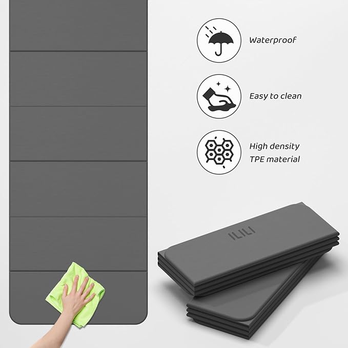 ILILI Foldable Yoga Mat 71 * 24 * 0.3'' - TPE Non-Slip Fitness Mat for Home，Waterproof & Lightweight (2lb) for Home Gym, Pilates & Stretching,Fitness Workouts