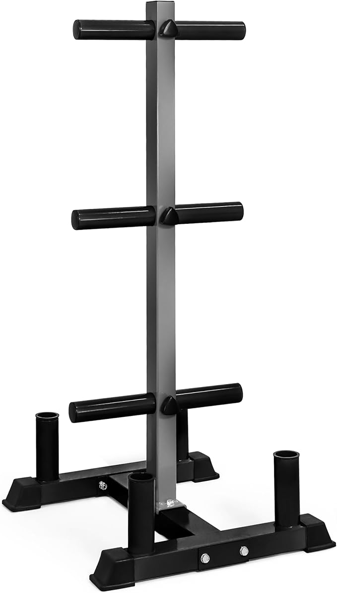 CAP Barbell Olympic Bumper Plate Tree Rack with 6 Weight Plate Posts and 4 Barbell Storage Holders – Heavy-Duty Steel Gym Organizer for Olympic Plates and Bars - Black/Gray