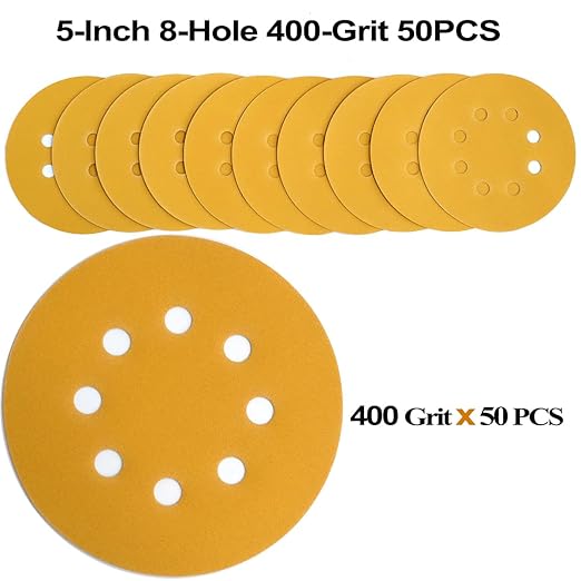 5-Inch 8-Hole Hook and Loop Sanding Discs 400-Grit Random Orbit Sandpaper, 50-Pack