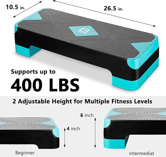 GYMMAGE Adjustable Workout Aerobic Stepper, Aerobic Exercise Step Platform with 2 Risers, Exercise Step Deck for Fitness, 26.5" Trainer Stepper with Non-Slip Surface Home Gym & Extra Risers Options