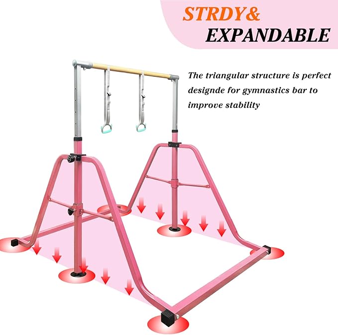 Foldable & Moveable Gymnastics Horizontal Bar with Rings,3’to 5’Adjustable Height Expandable Junior Kip Bar for Home,Indoor Gym Equipment for Kids