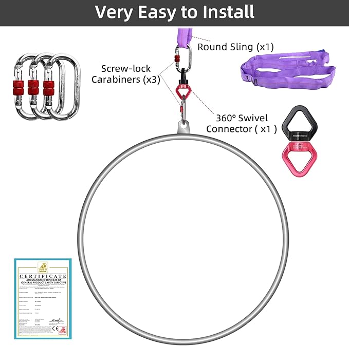 PRIOR FITNESS Aerial Lyra Hoop Set for Adults Suspension Professional Ring Fitness Stainless Steel Single Point Aerial Hoop Equipment Kit(Tube Dia:25mm and 32mm)