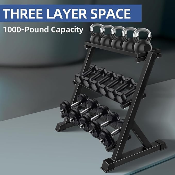 Dumbbell Rack 3‑Tier – 1000 Lb Capacity Heavy Duty Weight Storage Rack For Dumbbells, Kettlebells & Gym Equipment, Adjustable Steel Frame, Black