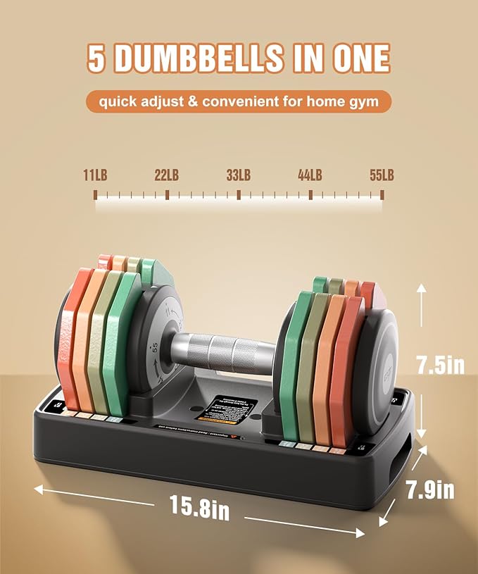 Adjustable Dumbbells Set/Single, 12.5LB/22.5LB/55LB 5 in 1 Free Adjustable Dumbbell Set with Anti-Slip Handle & Rainbow-colored Weight Plates for Home Gym, Weight Set for Women Men
