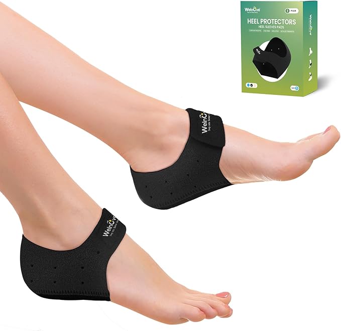 Welnove Gel Heel Protector Cups, Inserts Pads for Women Men, Plantar Fasciitis, Heels Spur Pain Relief, Achilles Tendonitis Dry Cracked Heel Support Cushion Black (W 4.5-9 / M 5-8)