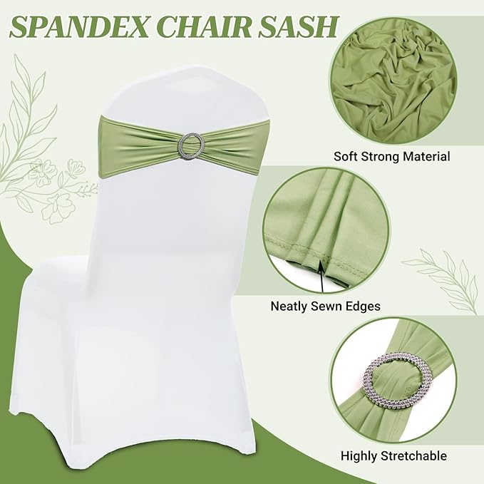 MDS Pack of 150 Spandex Chair Sashes Bow Universal fits Elastic Stretch Chair Bands Ties with Buckle for Wedding Party Banquet Events Decoration Spandex Slider Sashes Bow - Sage Green
