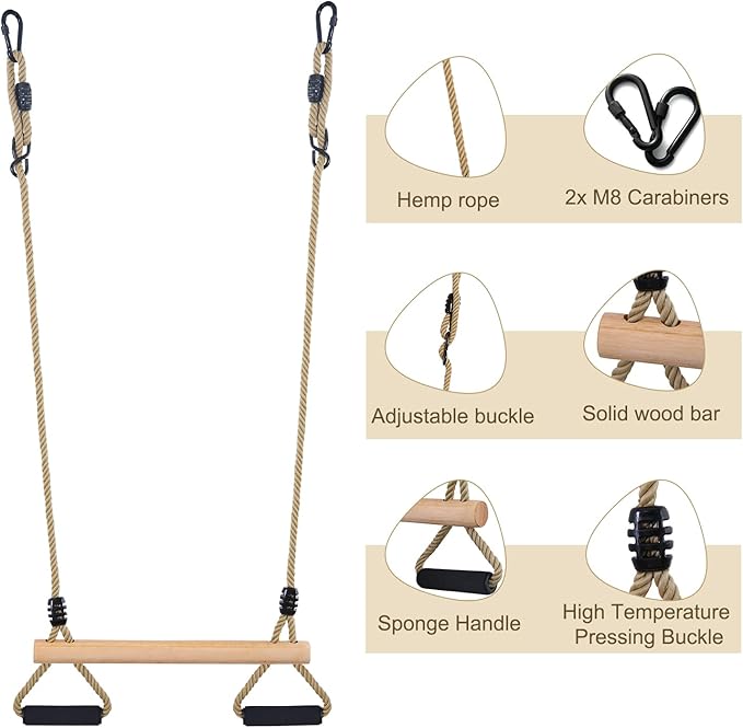 Wooden Trapeze Swing Bar with Gym Rings for Children's Swing Set Indoor Outdoor Garden,Yard,Playground