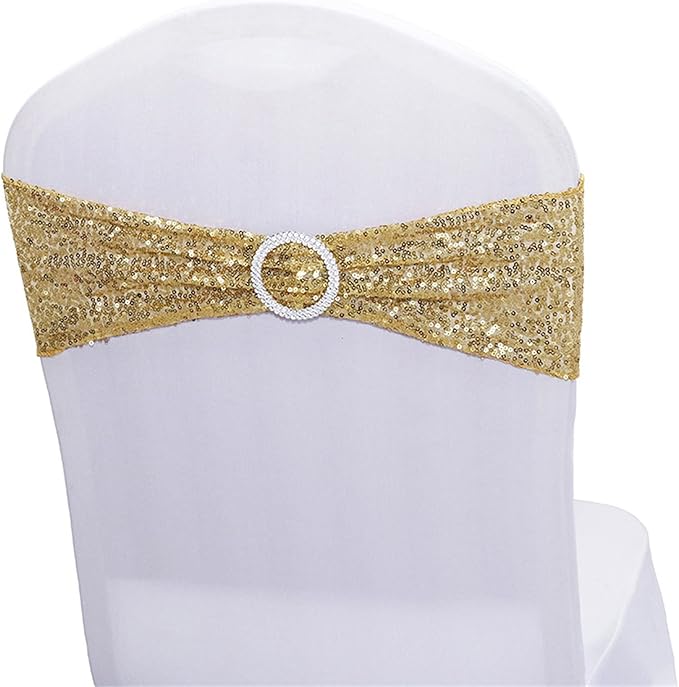 50 PCS Stretch Sequin Chair Sashes Chair Stretchy Spandex Bands for Wedding Reception Events Banquets Chairs Decoration (Gold)