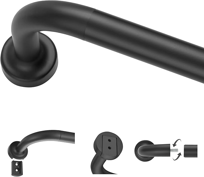 Black 100-150" Aluminum Wrap Around Curtain Rod with 1 Inch Diameter, 50 lbs Weight Capacity, Adjustable Length, Blackout, Wall Mounted