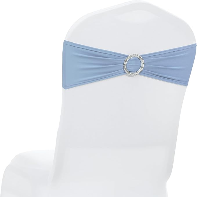 MDS Pack of 25 Spandex Chair Sashes Bow Premium Stretch Chair Cover Band with Buckle Slider Universal fits Elastic Stretch Chair Ties for Wedding Party Banquet Events Decoration - Baby Blue