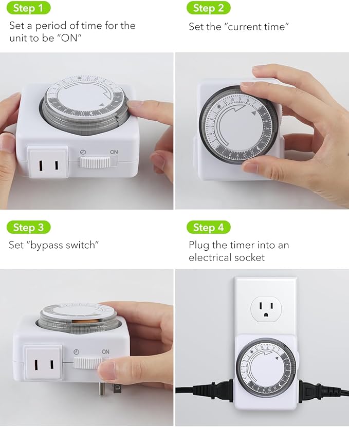 HBN Outlet Timer for Electrical Outlets Indoor, 24 Hour Mechanical Light Timers for Lamps, Dual 2-Prong Plug-in Outlets, 15-Minute Intervals, Heavy Duty Daily Cycle, 2 Pack