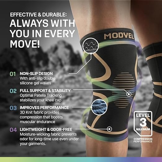 Modvel 2 Pack Knee Brace for Women & Men - Knee Support for Walking, Knee Compression Sleeves for Pain Relief, Knee Sleeves for Women, Knee Sleeves for Men, Knee Brace for Sports, Workouts & Arthritis