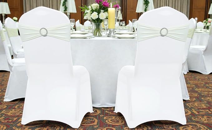 VDS - Ivory | Spandex Chair Sashes Bows | 150 PCS | Stretch Elastic Banquet Universal Folding Chair Band Tie with Silver Buckle Slider for Wedding Party Conference Celebration Event Decoration