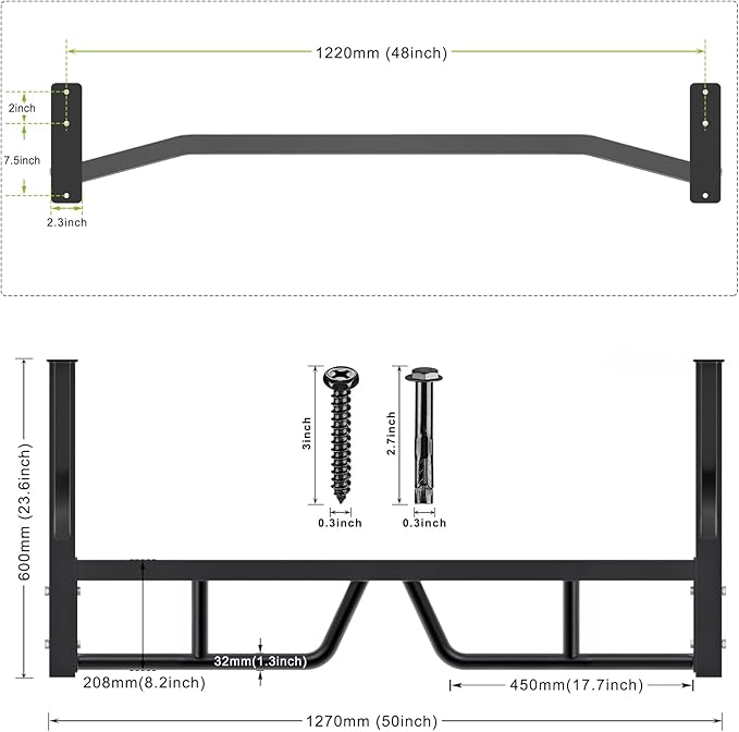 Kipika 48" Ceiling Mounted Pull Up Bar, Heavy Duty Multi-Grip Chin Up Bar,Mounted Pullup Bar, Adjustable Height, Pull Up Bands for Chin Ups & Body Stretching, Ideal for Home Gym and Strength Training