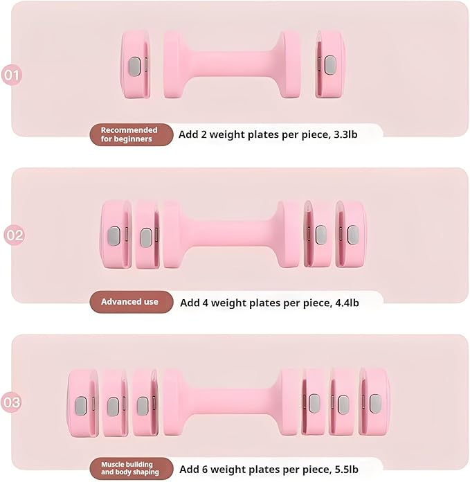 Adjustable Dumbbell Set of 2, 4 in 1 Free Weights for Women with Fast Adjustment, Home Gym & Outdoor Exercise Training, Includes 2.2lb 3.3lb 4.4lb 5.5lb Hand Weights, Compatible with Kettlebells