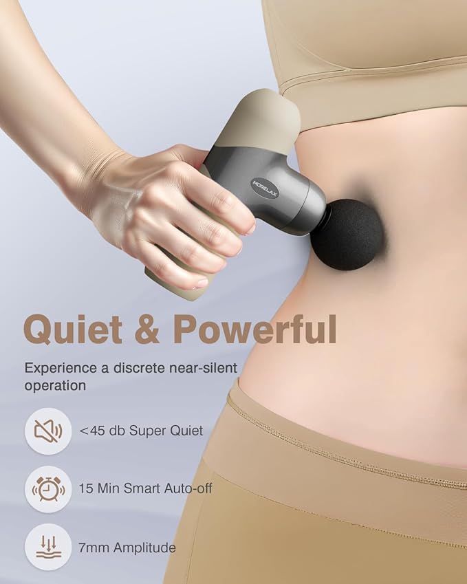 Morelax Mini Massage Gun Deep Tissue, Portable Percussion Muscle Massager for Whole Body Pain Relief, Electric Handheld Sport Massager with 6 Massage Heads 4 Speed, Best Gift (Silver Beige)