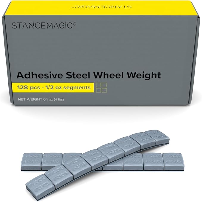StanceMagic - 0.5oz 1/2oz - Gray Adhesive Stick On Wheel Weights, Easy Peel, Low Profile, Zinc Plated Steel Balancing Weights for Cars Bikes ATV UTV, 4 lb box (64oz), Contains 128 Pieces