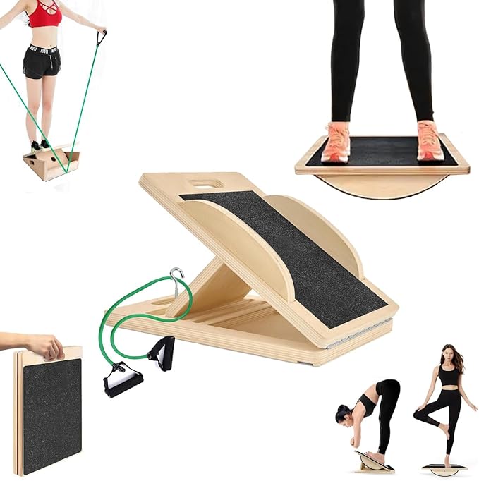 3-in-1 Portable Wooden Slant Board, Balance Board & Resistance Band – 5 Incline Angles –Incline Board – Slant board for exercise, Squats, Physical Therapy – Anti-Slip Surface, Portable, Metal Hook