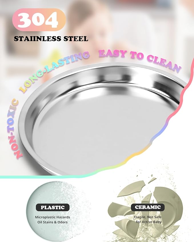 Stainless Steel Kids Plates 4 Packs, 8" Non Divided Toddlers Portion Control Plate, Non Toxic & BPA Free |Unbreakable |Dishwasher Safe Baby Snack Dish for Daycare, Restaurant Outings & Travel