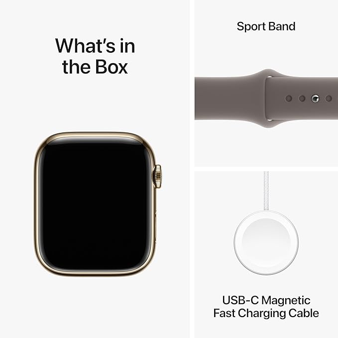 Apple Watch Series 9 [GPS + Cellular 45mm] Smartwatch with Gold Stainless Steel Case with Clay Sport Band M/L. Fitness Tracker, Blood Oxygen & ECG Apps, Always-On Retina Display