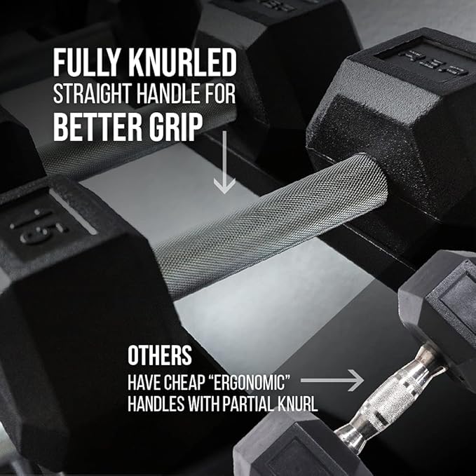 REP FITNESS Dumbbell Set with Bench – 5-50, 5-75 or 5-100 Rubber Hex Dumbbell Set with Either Flat or Adjustable Bench