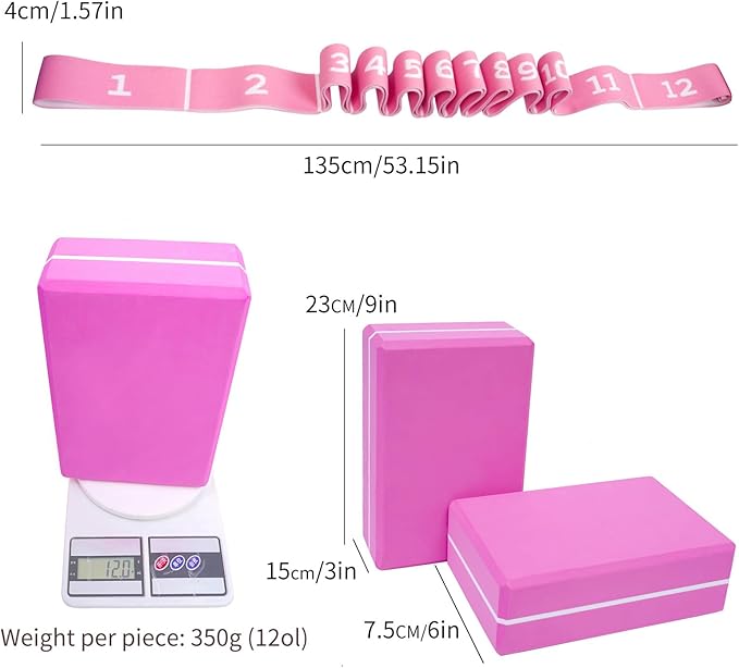 Yoga Blocks 2 Pack with Elastic Stretch Band & Bag – High Density Foam Yoga Blocks for Stability, Deep Stretching & Balance, 12-Loop Resistance Strap for Yoga, Pilates, Dance & Flexibility Training