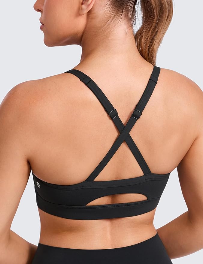 CRZ YOGA Butterlift Cut-Out Cross Back Sports Bras for Women - Medium Impact Adjustable Thin Straps Pilates Padded Gym Tops