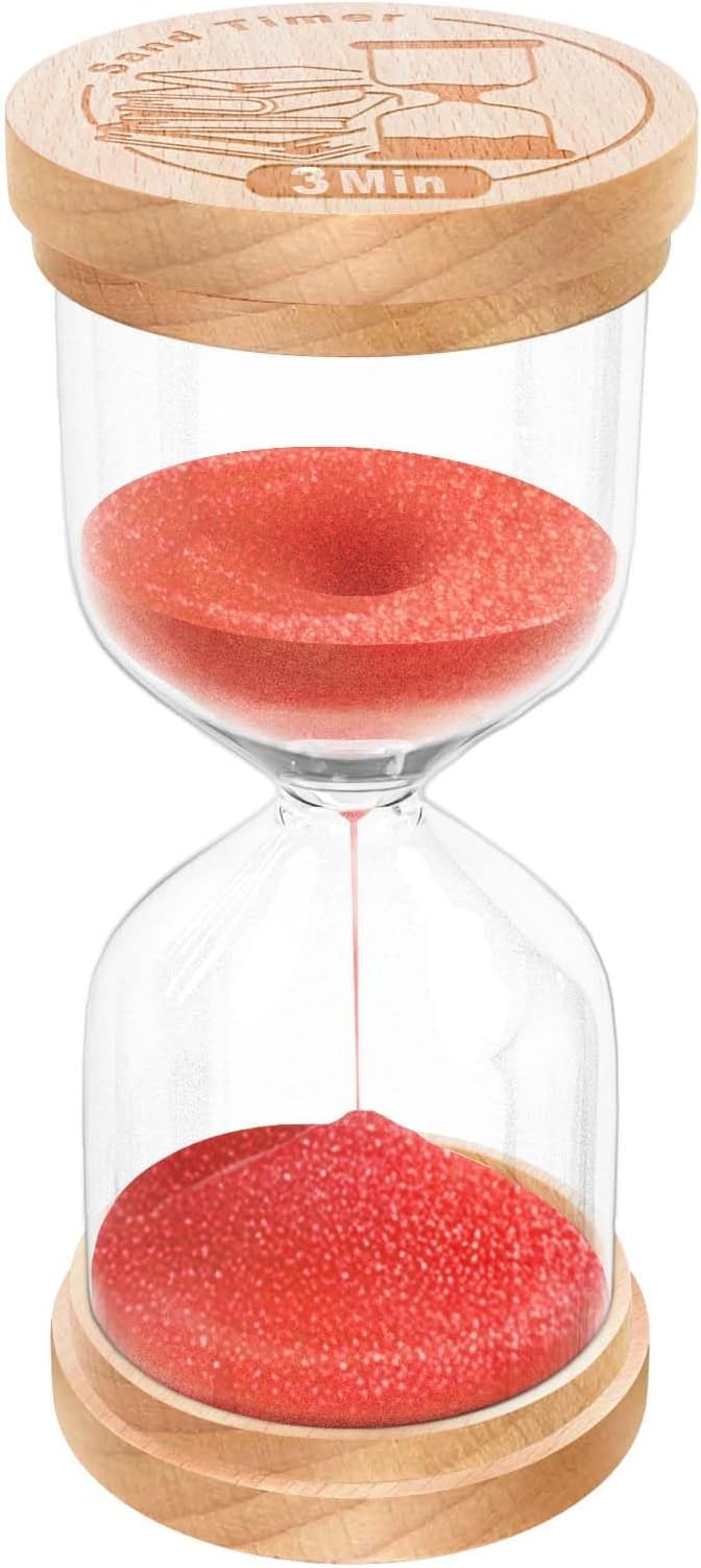 3 Minute Sand Timer, Wooden Hourglass Sand Clock, Small Wood Red 3 Min Hour Glass, Five Minutes Sandglass for Brushing Teeth, Reloj De Arenai, Classroom, Game, Kitchen, Home, Office