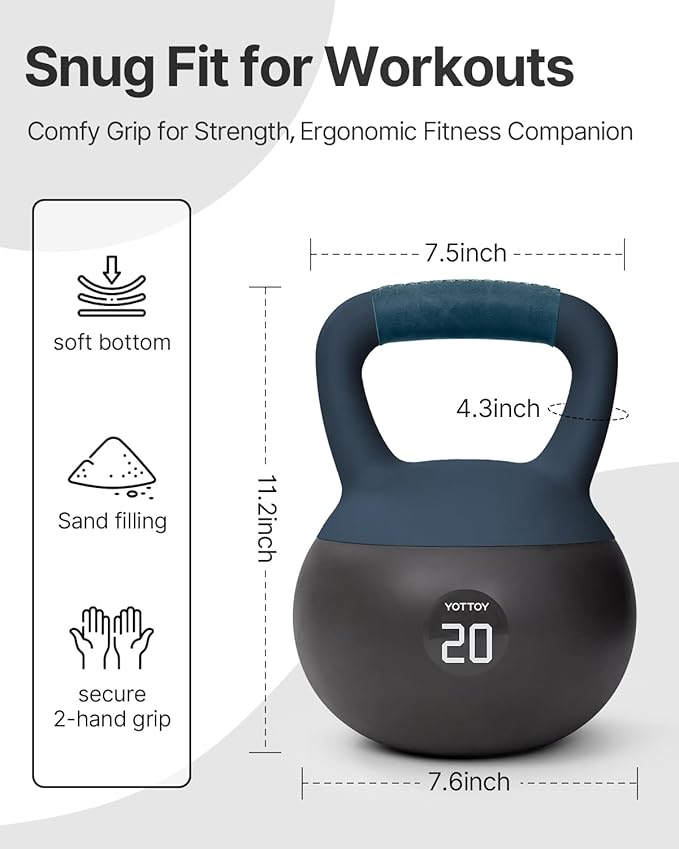 YOTTOY Soft Kettlebell with Leather Handle – Anti-Slip Sweat-Absorbing Grip, Home Gym Kettlebell Weights for Strength Training, Safe Neoprene Kettlebell for Women & Men