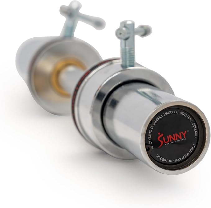 Sunny Health & Fitness Olympic Dumbbell Bar with 2-inch Sleeves, Chrome Finish, Spin-Lock Collars, Optional in Size
