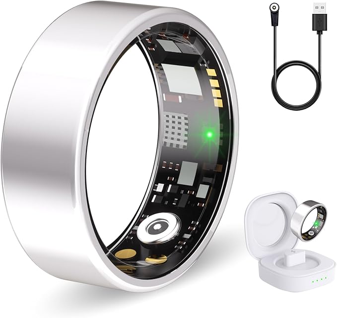 Smart Ring Health Tracker for Women & Men, Fitness Ring with Heart Rate Blood Oxygen, Sleep monitor, Step Tracker, IP68 Waterproof Compatible with iOS & Android, No Subscription Fee (Silver, 7)