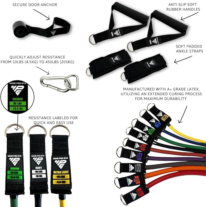 HomeProGym Stackable Resistance Band Set - with Up to 450LBS of Resistance, Band Bar, Premium Handles, Heavy Duty Door Anchor, Padded Ankle Straps, Digital Workout Guide