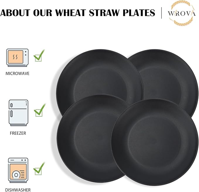Wrova Wheat Straw Dinner Plates 9 Inch Unbreakable Set of 8 - Dishwasher & Microwave Safe Plastic Plates Reusable - Lightweight Plates for Kitchen,Camping,Apartment,Dorm,RV - Pure Black