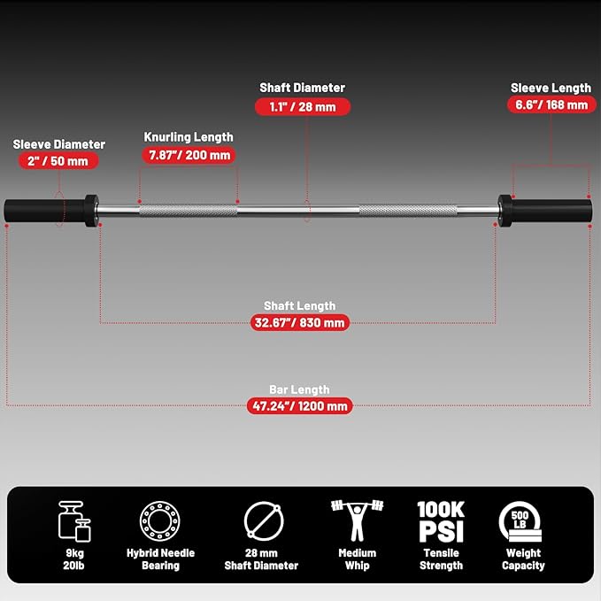 PAPABABE Olympic Barbell, 4ft/5ft/6ft/6.5ft Straight Barbell for Strength Training and Technique Adjusting, 2 inch Womens Olympic Bar with Moderate Knurling For Bench Press, Squats Curls Deadlifts Weightlifting