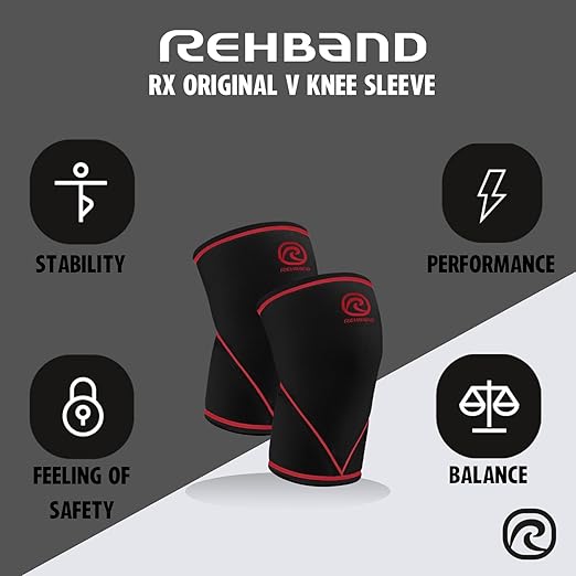 Rehband Classic 7mm V Knee Sleeve for Weightlifting, Competition Grade Powerlifting Knee Sleeve, Compression Sleeve for Crossfit, Squats, Gym & Heavy Lifts, Colour:Black/Red - 1 Pair, Size:XX-Large