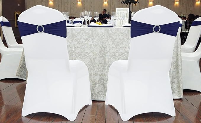 MDS Pack of 10 Spandex Chair Sashes Bow Premium Stretch Chair Cover Band with Buckle Slider Universal fits Elastic Dining Chair Ties for Wedding Party Banquet Events Decoration - Navy Blue