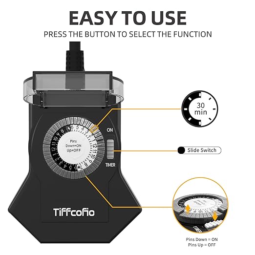 TiFFCOFiO Outdoor Timer Outlet Waterproof, 24 Hour Mechanical Light Timer Outdoor, 3 Grounded Outlets for Home and Garden, 15A 1/2HP, Heavy Duty, ETL Listed (1 Pack)