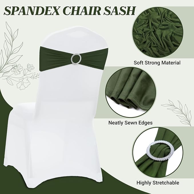 VDS - Olive | Spandex Chair Sashes Bows | 75 PCS | Stretch Elastic Banquet Universal Folding Chair Band Tie with Silver Buckle Slider for Wedding Party Conference Celebration Event Decoration