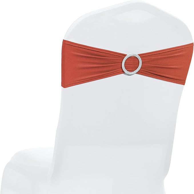 MDS Pack of 25 Spandex Chair Sashes Bow Premium Stretch Chair Cover Band with Buckle Slider Universal fits Elastic Stretch Chair Ties for Wedding Party Banquet Events Decoration - Terracotta