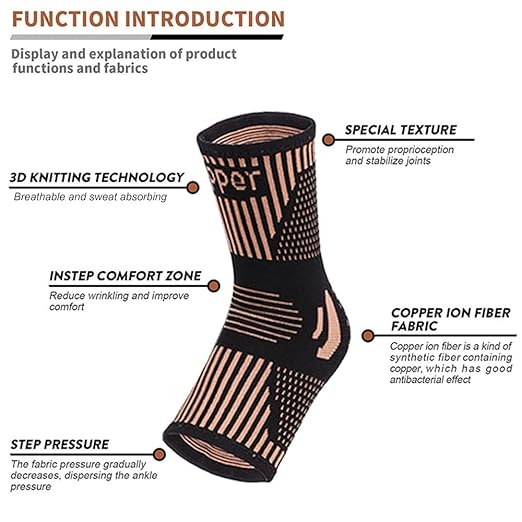 Copper Ankle Brace Copper Infused Support for Men & Women (Pair), Best Ankle Compression Sleeve Socks for Plantar Fasciitis, Sprained Ankle, Achilles Tendon, Pain Relief, Recovery, Sports