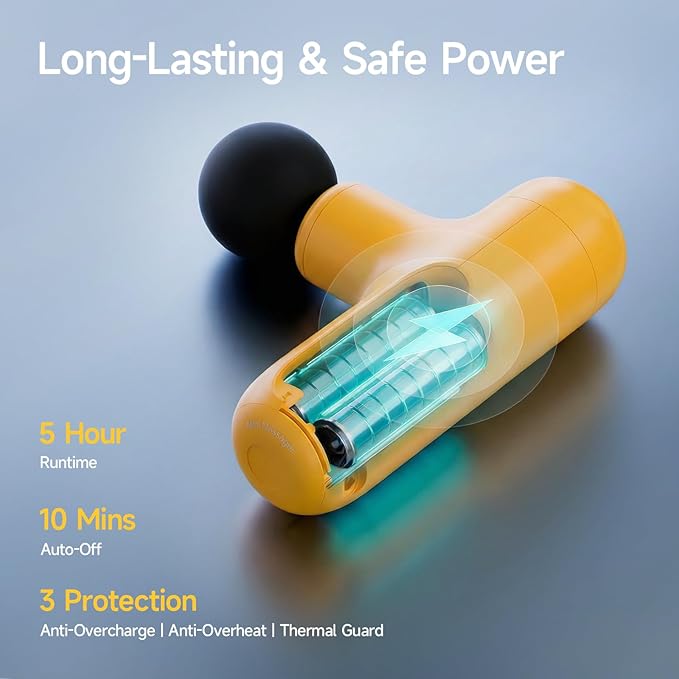 HEYCHY Super Mini Massage Gun Deep Tissue, Handheld Percussion Muscle Massager with 4 Heads, Travel Size Massager Gun for Men & Women Back Pain Relief, Quiet for Home, Gym, Office, Yellow