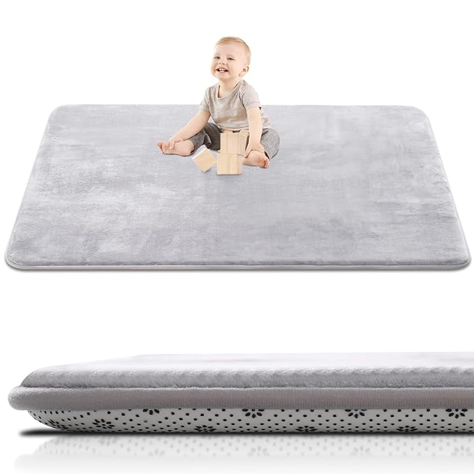 Large Thick Baby Play Mat for Floor,Padded 71x79 Playpen Mat,Foam Tummy Time Mat,Soft Support&Plush Feel Nursery Rug,Non Slip for Toddler,Infants,Kids Play,Yoga,Baby Crawling Mat (Light Grey)