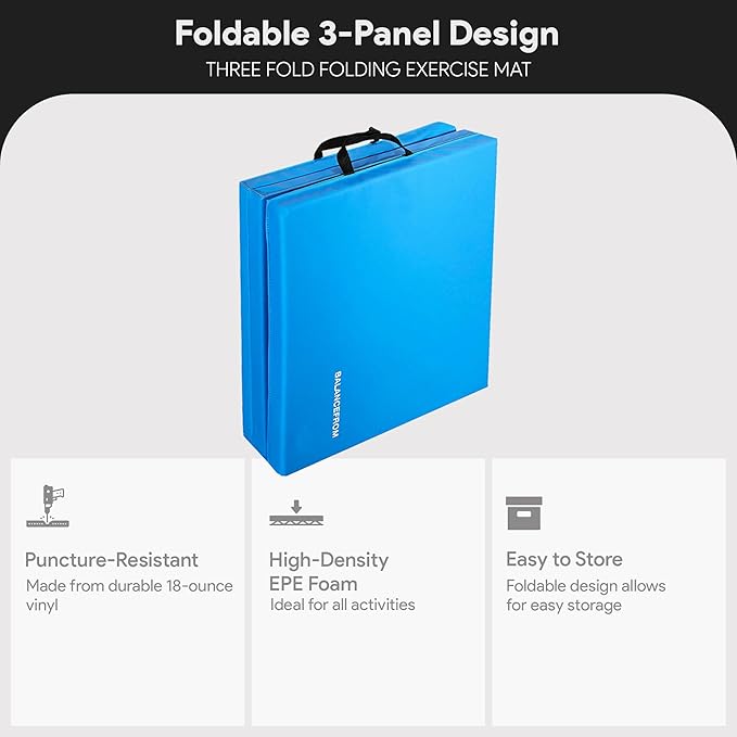 BalanceFrom 6x2 Feet 3-Panel Folding Gymnastics Mat – 1.5-Inch Thick Pad with Vinyl Surface and Carrying Handles for Tumbling, Yoga, Pilates, Home Workouts, and Martial Arts